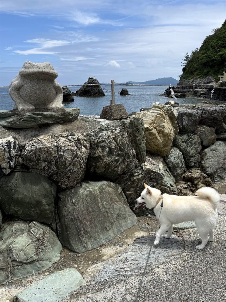 カエル像とらむちゃん。夫婦岩と海も入って、二見興玉神社らしさ満点の1枚